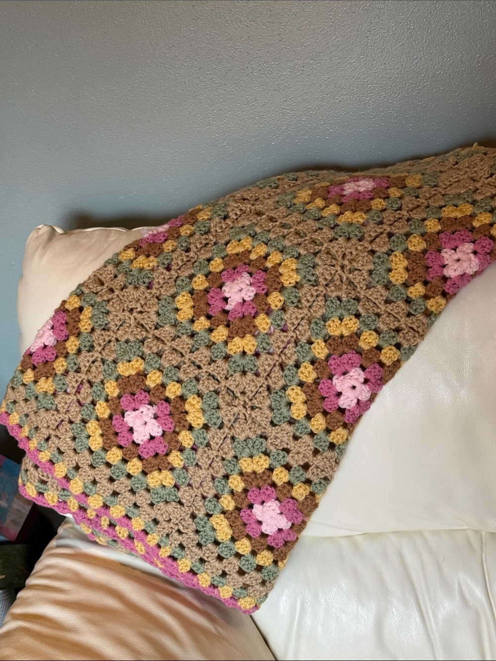 Handmade Blanket-Crocheted Granny Square-Pink/Brown/Green/Yellow-Gently Used - Picture 11 of 17